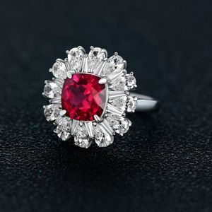 2021 Vintage Real 925 Sterling Silver Ring Square Cut 9 * 9mm Ruby Flower Design Luxury Damska Anniversary Biżuteria