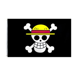 Luffy Skull Pirate Happy Face Flag Retail Direct Factory Wholesale 3x5fts 90x150cm Polyester Banner inomhus utomhusanvändning Canvas Head With Metal Grommet