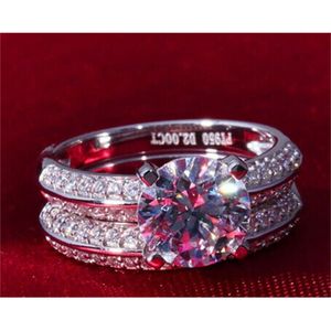 Brilliant Female Set s 2ct Diamond Solid Platinum 950 Ring Engagement Smycken