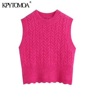 Women Fashion Cropped Cable-knit Vest Sweater O Neck Sleeveless Female Waistcoat Chic Tops 210420