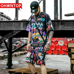 Erkekler Graffiti Karikatür Baskılı Setleri Hip Hop Şort T Gömlek Takım Elbise Moda Yüksek Sokak Tees Yaz Streetwear Joggers Kısa Pantolon X0909