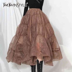 Plus Size Solid Skirt For Women High Waist Patchwork Ruffle Midi Skirts Female Fashion Clothing Spring 210521