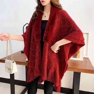 Autumn And Winter Cloak Fringed Shawl Scarf Dual-use Cape Fur Collar Knitted Cardigan Bat Shirt Loose Sweater Coat Women 210427