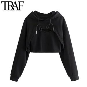 Women Fashion Two Pieces Sets Cropped Hoodies Sweatshirts Vintage Long Sleeve Asymmetric Female Pullovers Chic Top 210507