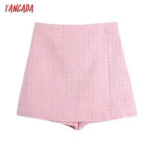 Tangada Women Chic Fashion Pink Tweed Shorts Gonne Vintage Vita alta Cerniera posteriore Gonna femminile Mujer BE756 210609