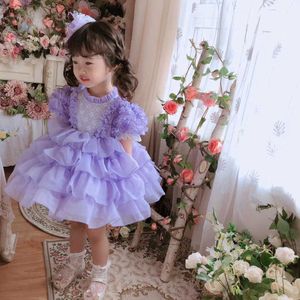 0-12y Baby Girl Lato Purple Koronki Vintage Hiszpańska Suknia Balowa Lolita Princess Koronkowa Sukienka Dla Wielkanoc Eid Urodziny Casul Q0716