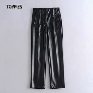 Toppies outono outono inverno calças de couro mulher mulher cintura alta cintura fleece calds preto pu streetwear 210412