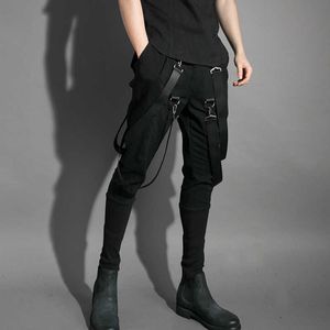 Men multi pockets hip hop punk harem pants ribbons street wear man casual joggers elastic waist cargo trousers techwear 210930