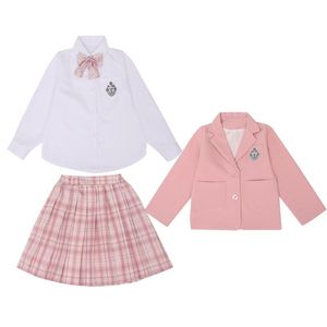 Damskie Garnitury Blazery JK Uniform College Styl Downolle Collar Długi Sleeveed Płaszcz Tartan Spódnica Pełna Set Platform Plised Oryginalna Kurtka