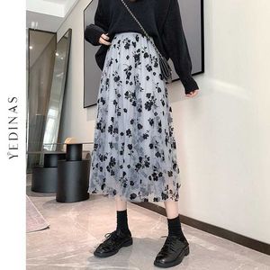 YEDINAS мода женщин Boho Long Maxi юбка с высокой талией стария винтажная цветочная женская сетка S элегантный белый пляж Faldas 210527