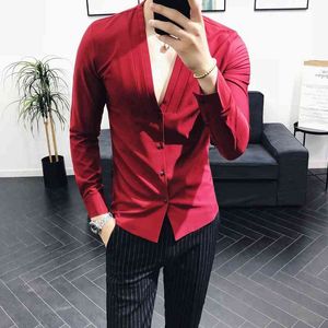 Korean V-neck Men's Shirt Casual Slim Fit Long Sleeve Shirt Designer Solid Dress Shirts Night Club Party Tuxedo Male Clothing 210527