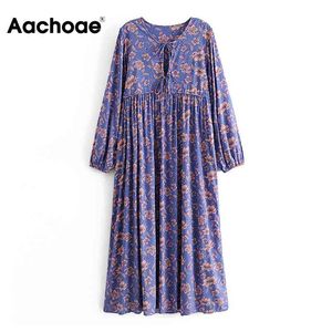Bohemian Floral Print Maxi Women O Neck Bow Tie Hollow Out Elegant Long Sleeve Loose Casual Dress 210413