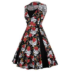 Plus Size Czaszka Drukuj Halloween Party Midi Dress Retro Vintage Huśtawka Rockabilly Dot Floral Patchwork Office Jurken 2021 Casual Sukienki