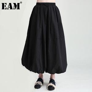 [EAM] Svart Casual Pläterad Hög Elastisk Midja Bullklänning Midi Half-Body Skirt Kvinnor Mode Vår Sommar 1DD8600 210512