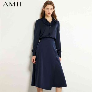 Minimalism Autumn Causal Women Set Solid Bow Neck Full Sleeve Loose Blouse High Waist Irregular Hem Female Skirt 12030517 210527