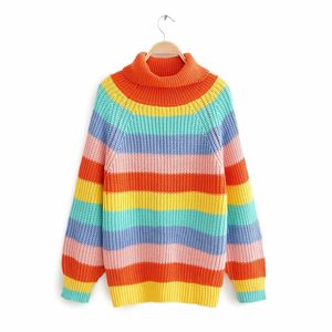 冬の秋の女性のファッションカラフルな虹の縞模様のニット長いセーターレディースシックタートルネック暖かいプルオーバートップ210421