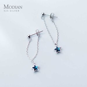 Modian Moda Swing Blue Crystal Stars Drop 925 Sterling Silver Musing Dangle Kolczyki Kobiety Biżuteria