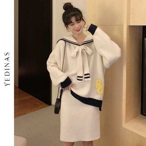 Yedinas Słodcy Kobiety Dwa kawałek stroje Z Długim Rękawem Zimowa Dziana Zestaw Spódnica Sailor Collar Sweter MIDI 210527