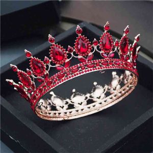 Teardrop Tiaras and Crowns Pink Red Diadem Royal Queen King Full Circle Ornaments Bridal Wedding Hair Jewelry Party Accessories 210707