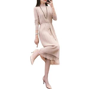 Casual Dresses Women Winter Turtleneck Long Dress Autumn Korean Fashion Lace Loose Knit Solid Hedging Pleated Sweater