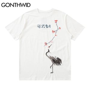 Tシャツ和風刺繍クレーン桜漢字ティーシャツシャツストリートウェア原宿ヒップホップトップ210602