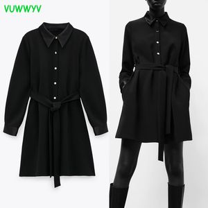 Vuwwyv black escritório camisa vestido mulher vestido cinto de queda gola mini africano mulheres botões bolso manga comprida es 210430