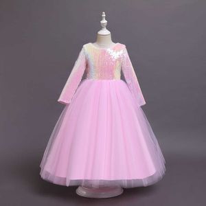 Girls dress sequined long-sleeved elegant wedding fancy party birthday stage costumes kids clothes Q0716