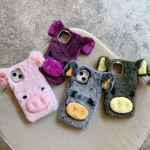 iPhone 15の3D豚の本物のヘアケース14プラスプロマックス13 12 Samsung S23 Ultra S22 A24 A04E A34 A54 A14 5G Fluffy Fur Soft TPU Rabbit豪華な耳電話皮のカバー