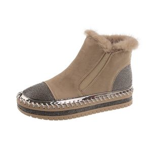 Nya ankomster Varma Kvinnor Stövlar Ankel Flat Bottom Skor Slip-On Round Toe Rhinestone Fur Collar Plattformar Stickning Handgjorda Damer