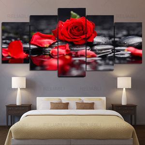 Modulares Leinwandgemälde, rote Rose, Blume, HD, nordische Wandkunst, 5-teilig, moderne Heimdekoration für Wohnzimmer, Schlafzimmer, Drucke und Poster