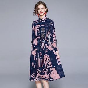 Sping Fashion Runway Long Sleeve Vintage Women's Belted Turn Down Collar City Build Pattern Print Elegant Draped Dress Vestidos 210514