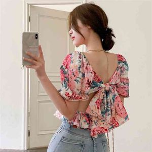 Chiffon Shirt Women's Design Sense Puff Sleeves French Floral Short-sleeved Summer Halter Bow Top 210529