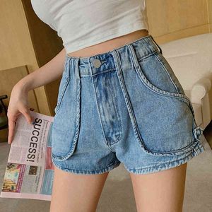 Casual denim shorts stil hög midja bredben byxor solid tvätt skinny jeans kvinna jeans 986f 210420
