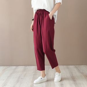 Johnature Summer Cotton Linen Women Solid Color Elastic Waist All-match Ankle-length Pants Simple Leisure Fashion Pants 210521