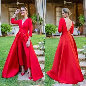 Women Red Jumpsuits Elegant Formal Evening Dresses With Detachable Train 2022 Stain V Neck Long Sleeve Outfit Arabic Prom Gowns Pant Suits Special Occasion Wear