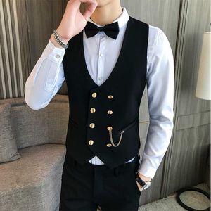 Mens Vest Double-breasted Waistcoat Male Prom Party Disco Waiter Clothes Casual Slim Fit Dress Vest For Men Tuxedo Gilet Homme 210527