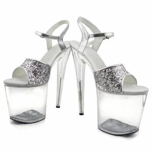 Gorgeous Gold/silver Glitter High Heels 8 Inch White Flowers Wedding Shoes Clear Platform Crystal 20cm Party Dress Sandals