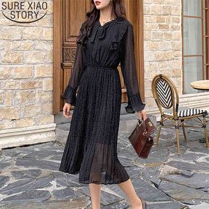 Dot Chiffon Dresses Women High Waist Pleated Vintage Black Autumn and Winter Elegant Bow Collar Vestidos 11185 210506