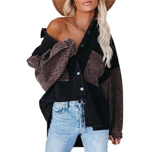 Damskie Kurtki Luźne Leopard Kontrast Denim Długi rękaw Przycisk Down Jean Kurtka Boyfriend Oversize Bluzki Topy