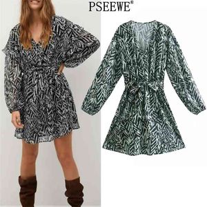 Moda Cintura Verde Print Mini Dress Mulheres Botão de Primavera Puff Manga Longa Feminino Chique Casual Es 210519