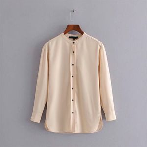 Vintage Elegant Kvinnor Khaki Twill Blus Stilfullt Chic Ladies Knapp Stand Collar Shirts Casual Green Blusas Mujer 210531