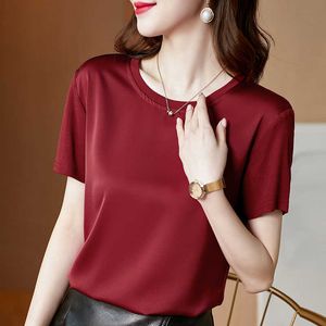Summer Korean Fashion Silk T-shirts for Women Vintage Satin Tops for Women Short Sleeves Plus Size XXXL Office Lady Shirts X0628