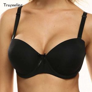 Trufeeling Black Color Middle Cup Push Up Bra Half Cup Soft Comfort Fit Deep V Bra Gather Breast for Sexy Women Bra 36D 38D 40D 210623