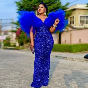 Aso Ebi 2022 Royal Blue Meath Sequined Aftonklänningar för kvinnor Puffy Sleeves Glitter Lång Formell Party Gowns Plus Size African Monterad Prom Dress Cocktail