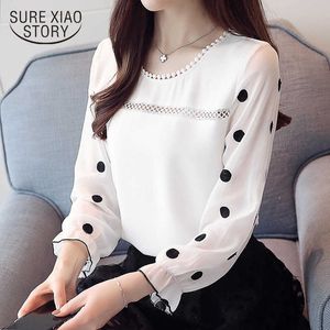 Fashion Sweet Long Sleeve Chiffon Women Blouse Shirt Women's Clothing O-neck Black Dot White Feminine Tops Blusas D383 30 210527