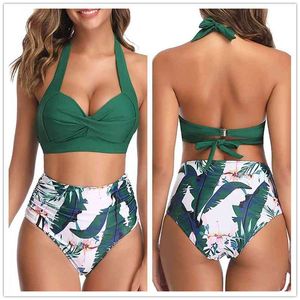 Sexy High Waist Bikini Florial Drukuj Tankini Halter Zestaw Polki Dot Swimweear Damski Kostium Kąpielowy Plus Rozmiar XXL 210629