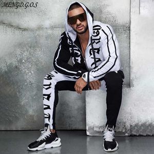 Moda męska Garnitur Fitness Bawełna Męskie Bluzy i męskie Spodnie Streetwear Casual Wear Jogger Sportswear T200406