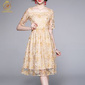 Arrival Women's Summer Vintage Party Dresses Fashion Square Collar Mesh Embroidery Short sleeve Floral Slim Dress 210520