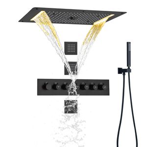 Matte Black Thermostatic Rain Shower System With 700X380 MM LED Hydro jet Rainfall Waterfall