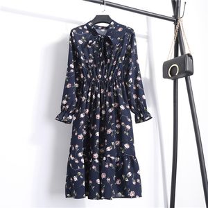 Vår sommar chiffong klänning kvinnor casual midi båge vintage blommig tryck klänningar sundress vestidos dropshiping 210514